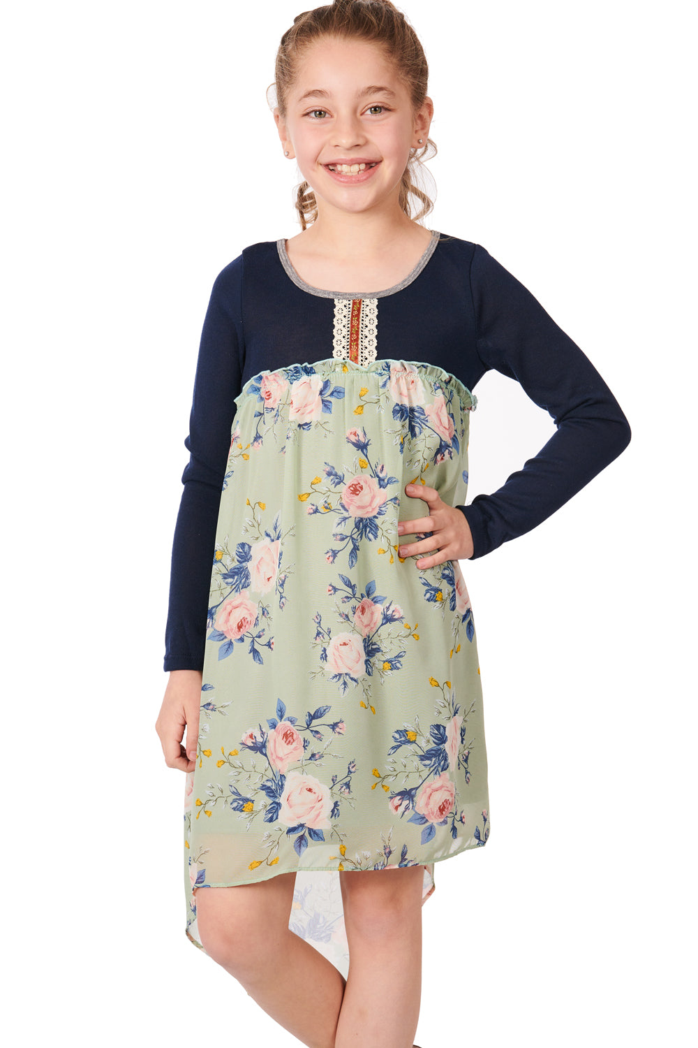 Big Girls Knit Top Long Sleeve Floral Chiffon Dress