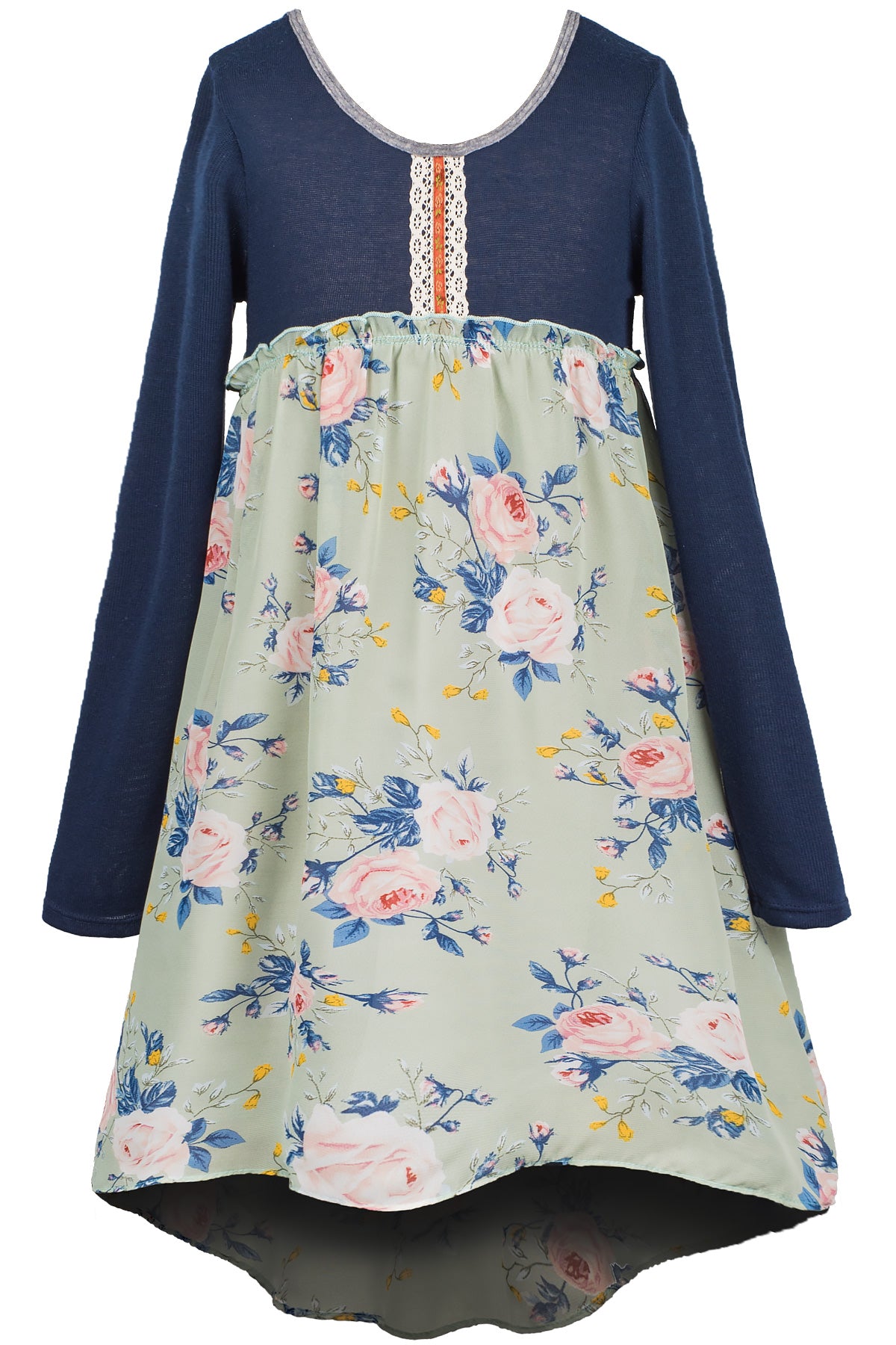 Big Girls Knit Top Long Sleeve Floral Chiffon Dress