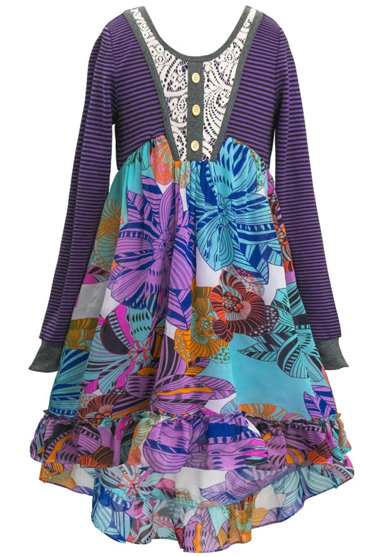 Big Girls Long Sleeve Knit Top Floral Print Chiffon Dress
