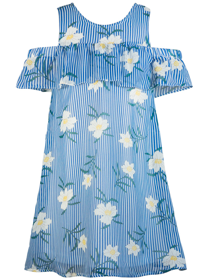 COLD SHOULDER STRIPE FLORAL PRINT A-LINE DRESS WITH RUFFLE SLEEVES