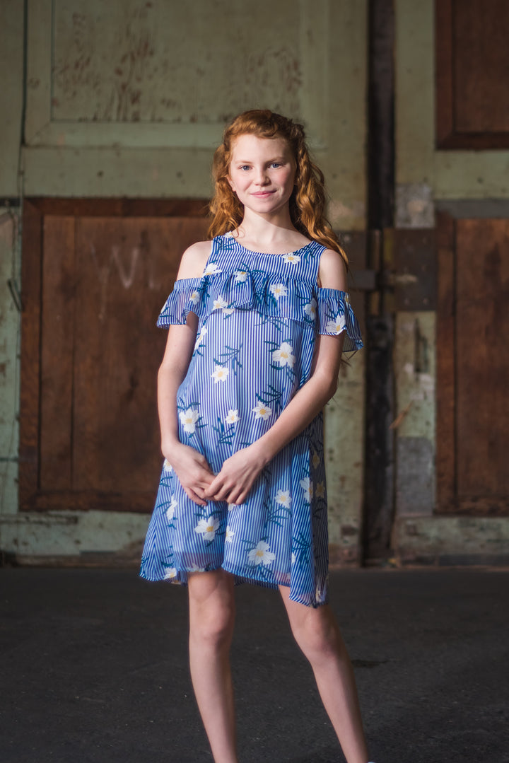 COLD SHOULDER STRIPE FLORAL PRINT A-LINE DRESS WITH RUFFLE SLEEVES