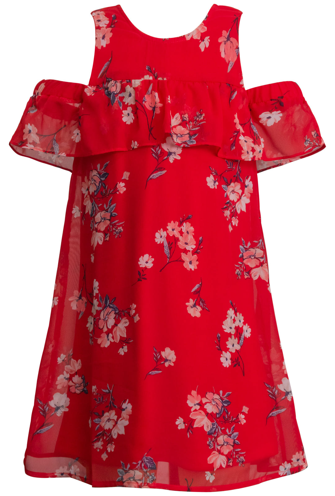 COLD SHOULDER STRIPE FLORAL PRINT A-LINE DRESS WITH RUFFLE SLEEVES
