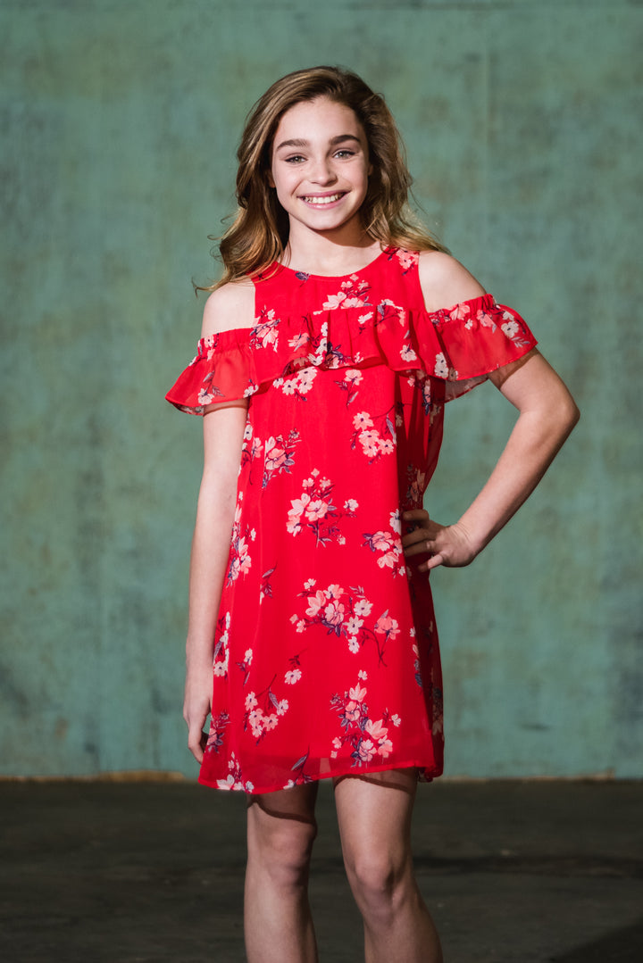 COLD SHOULDER STRIPE FLORAL PRINT A-LINE DRESS WITH RUFFLE SLEEVES