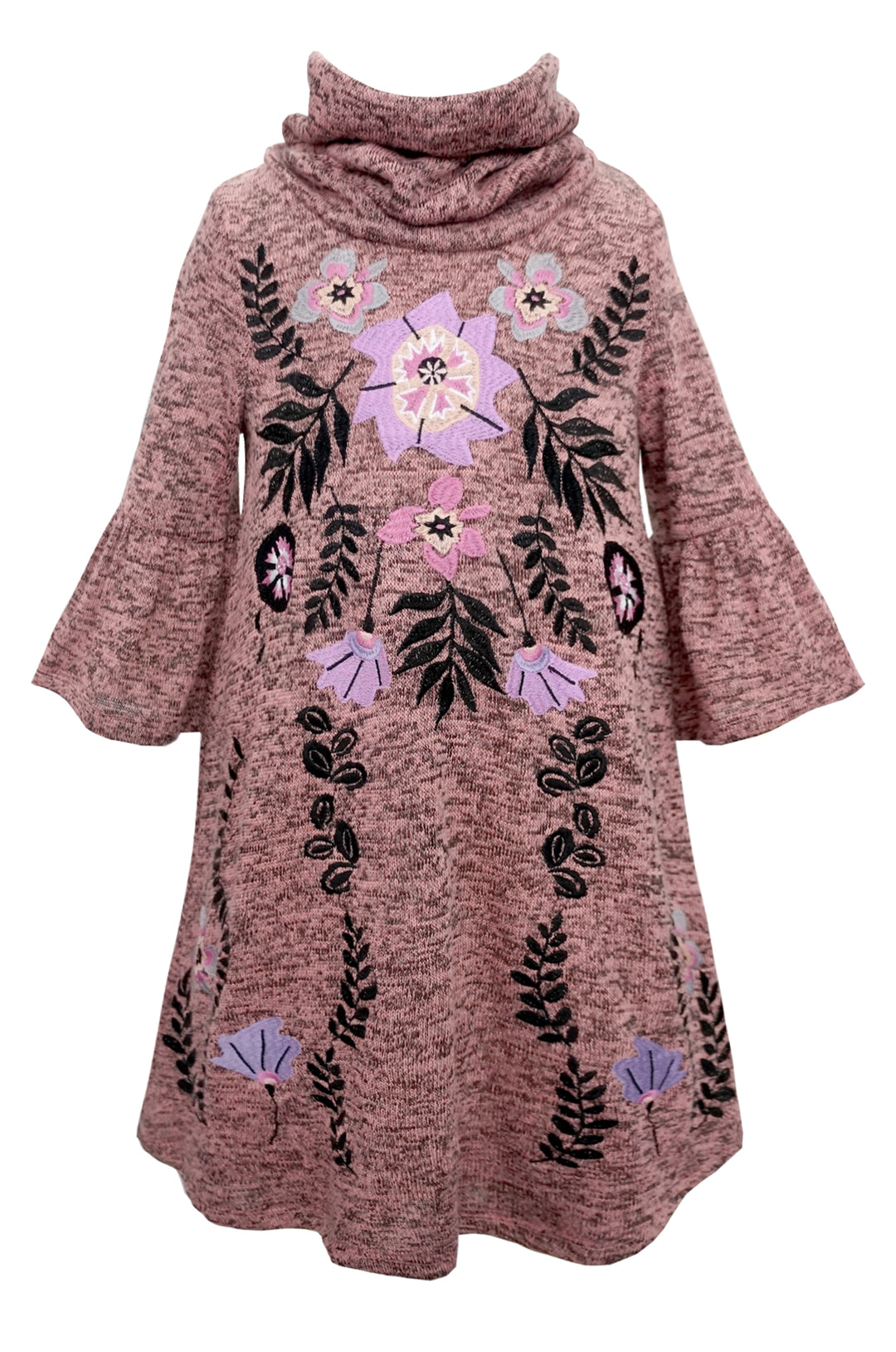 HALF BELL SLEEVE KNIT DRESS WITH EMBROIDERY