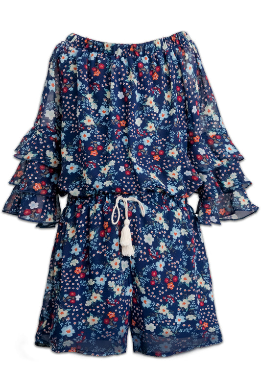 3/4 TIERED RUFFLE SLEEVE ROMPER