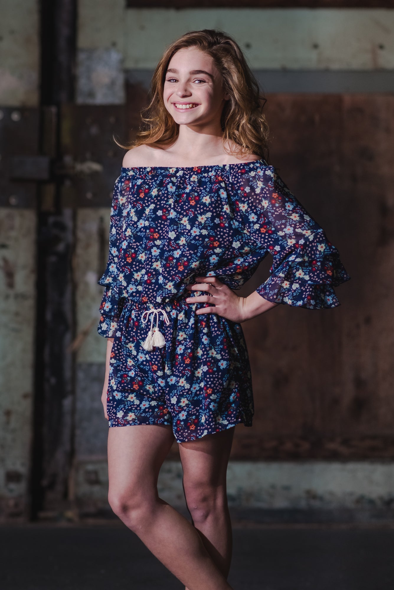 3/4 TIERED RUFFLE SLEEVE ROMPER