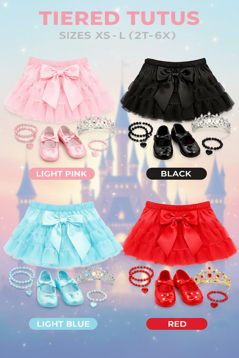 Tiered tutus in light pink, black, light blue, and red with matching accessories on a white background.