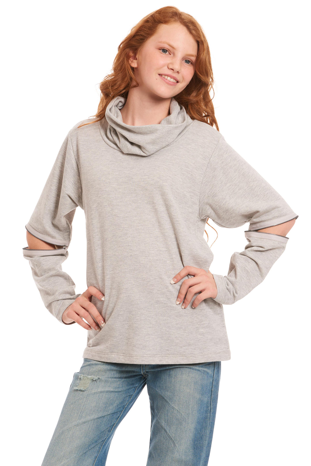 GRAY COWL LONG SLEEVE TOP WITH ZIPPER ELBOW