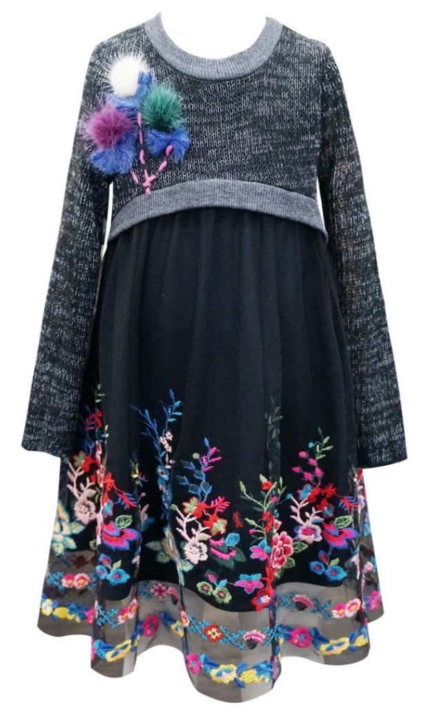 LONG SLEEVE SWEATER TOP DRESS W/ FLORAL EMBROIDERY SKIRT AND POMPOM APPLIQUE