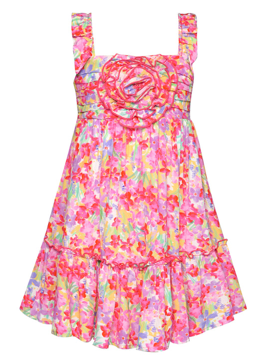 FLORAL PRINT DRESS W/ ROSETTE