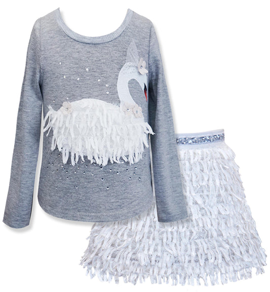 2PC SET LONG SLEEVE KNIT TOP WITH SWAN AND TEXTURED SKIRT