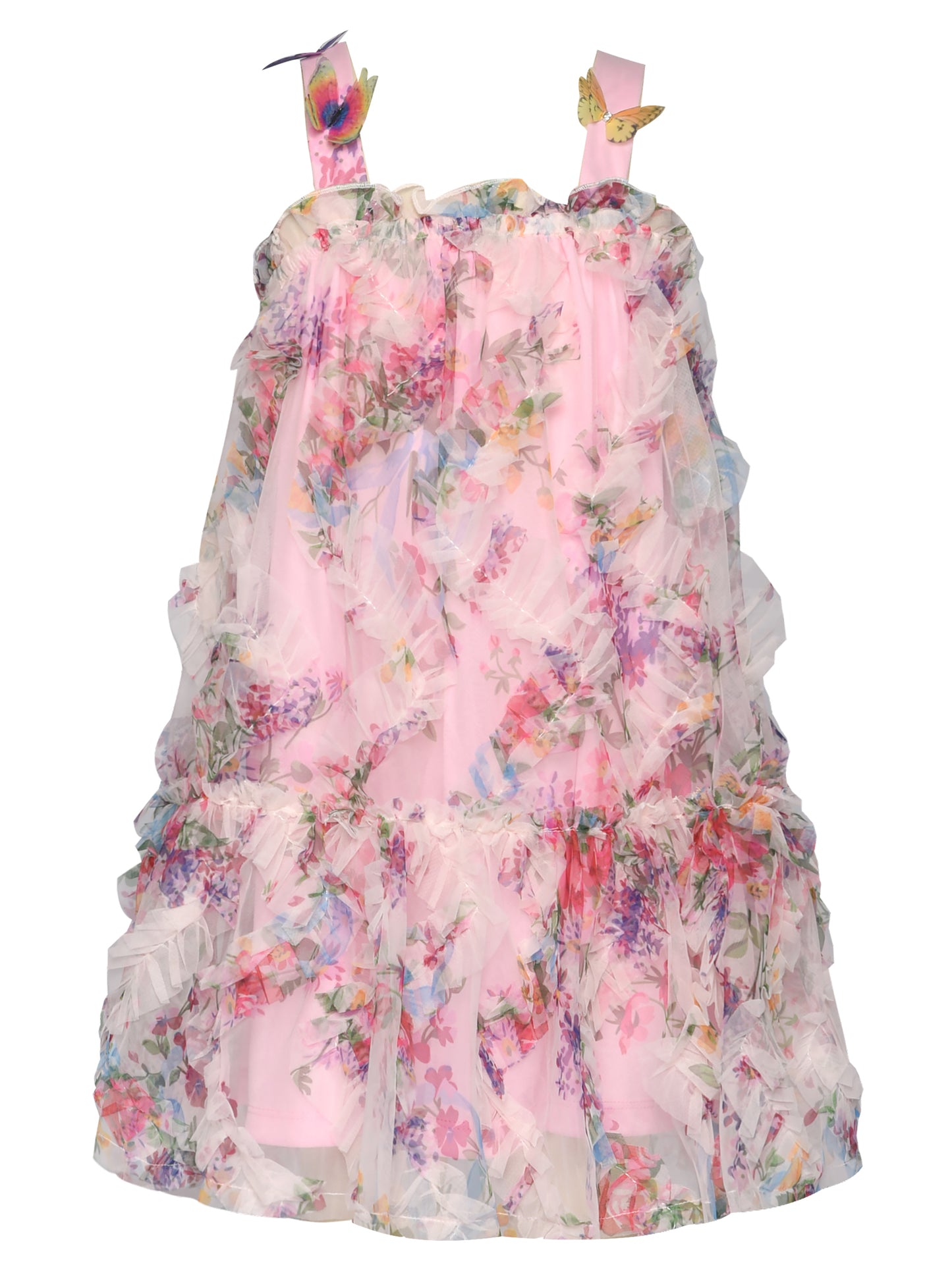 3D RUFFLE MESH DRESS W/ BUTTERFLY TRIM DETAIL