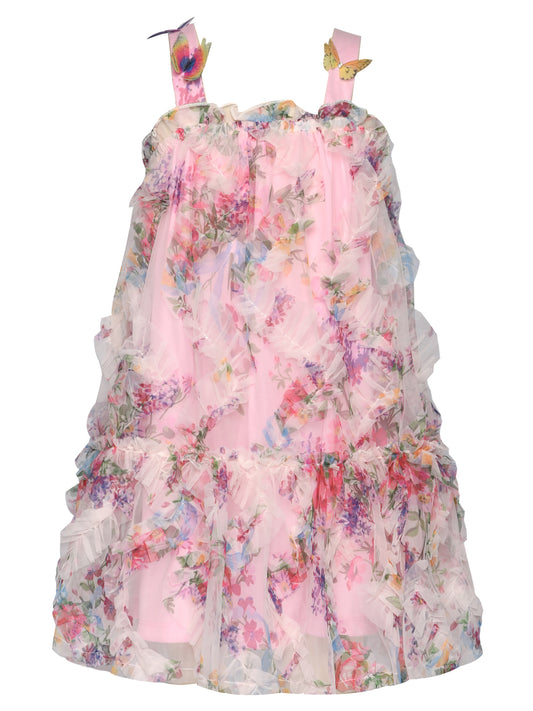 3D RUFFLE MESH DRESS W/ BUTTERFLY TRIM DETAIL