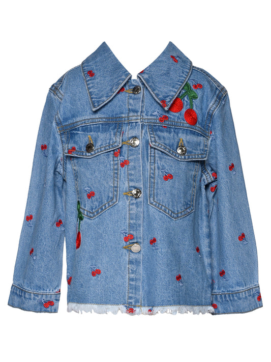 GOOD VIBES AND CHERRY EMBROIDERED DENIM JACKET