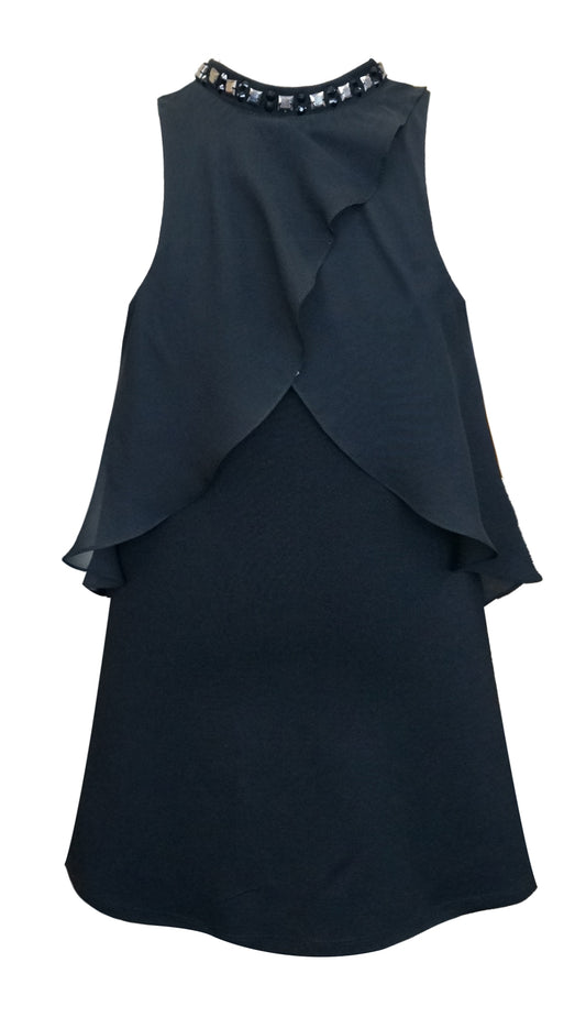 A-LINE COLLAR, CASCADE RUFFLE OVERLAY CHIFFON DRESS