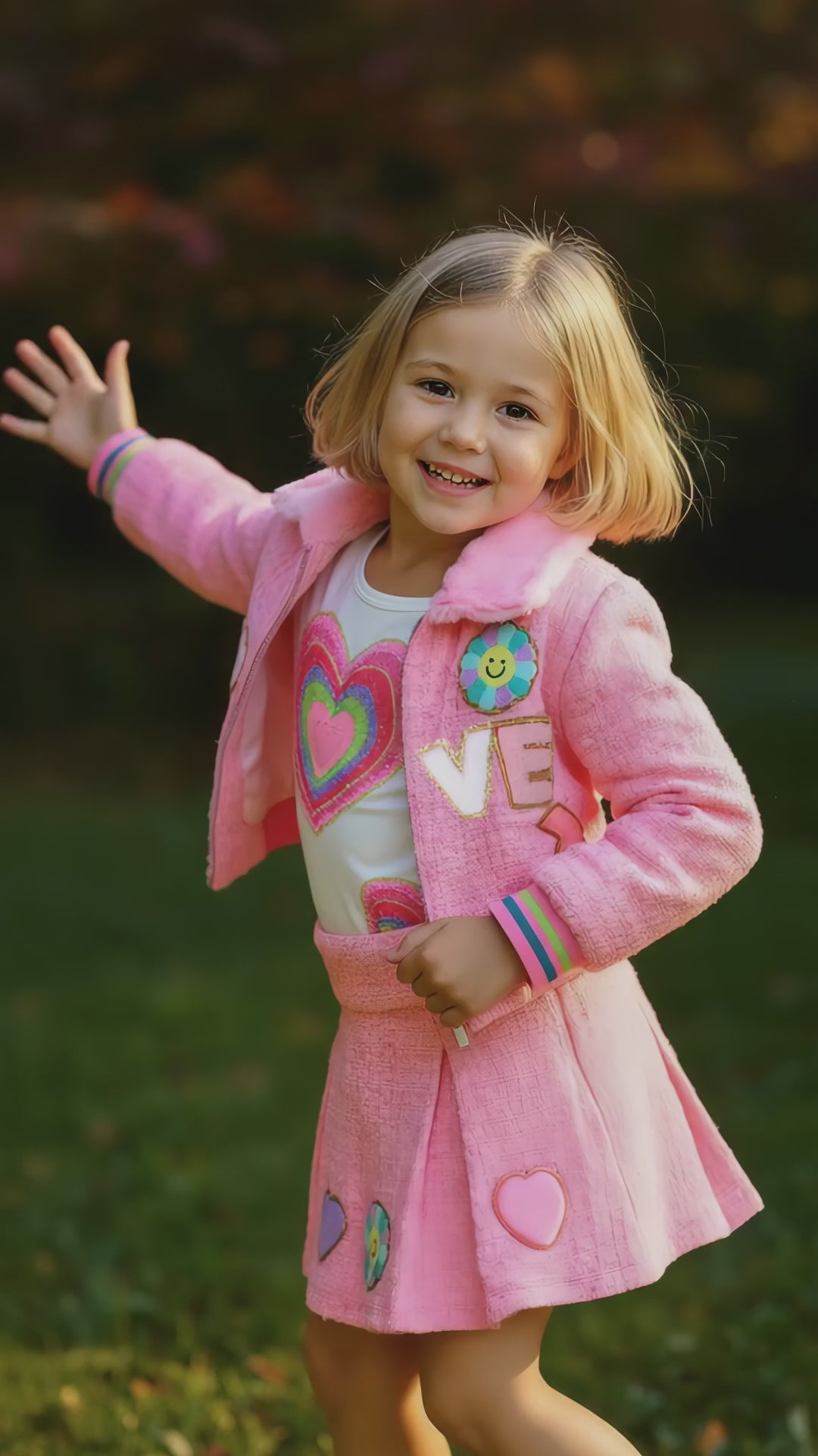 TWEED BOMBER JACKET W/ FAUX FUR COLLAR AND LOVE TRIM DETAIL