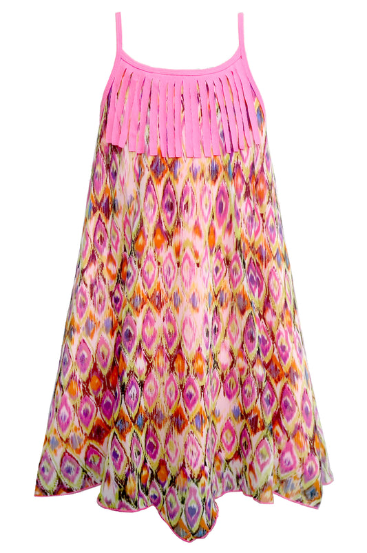 GEOMETRIC PRINT A-LINE, HANKY DRESS WITH FRINGE DETAIL AT FRONT NECK