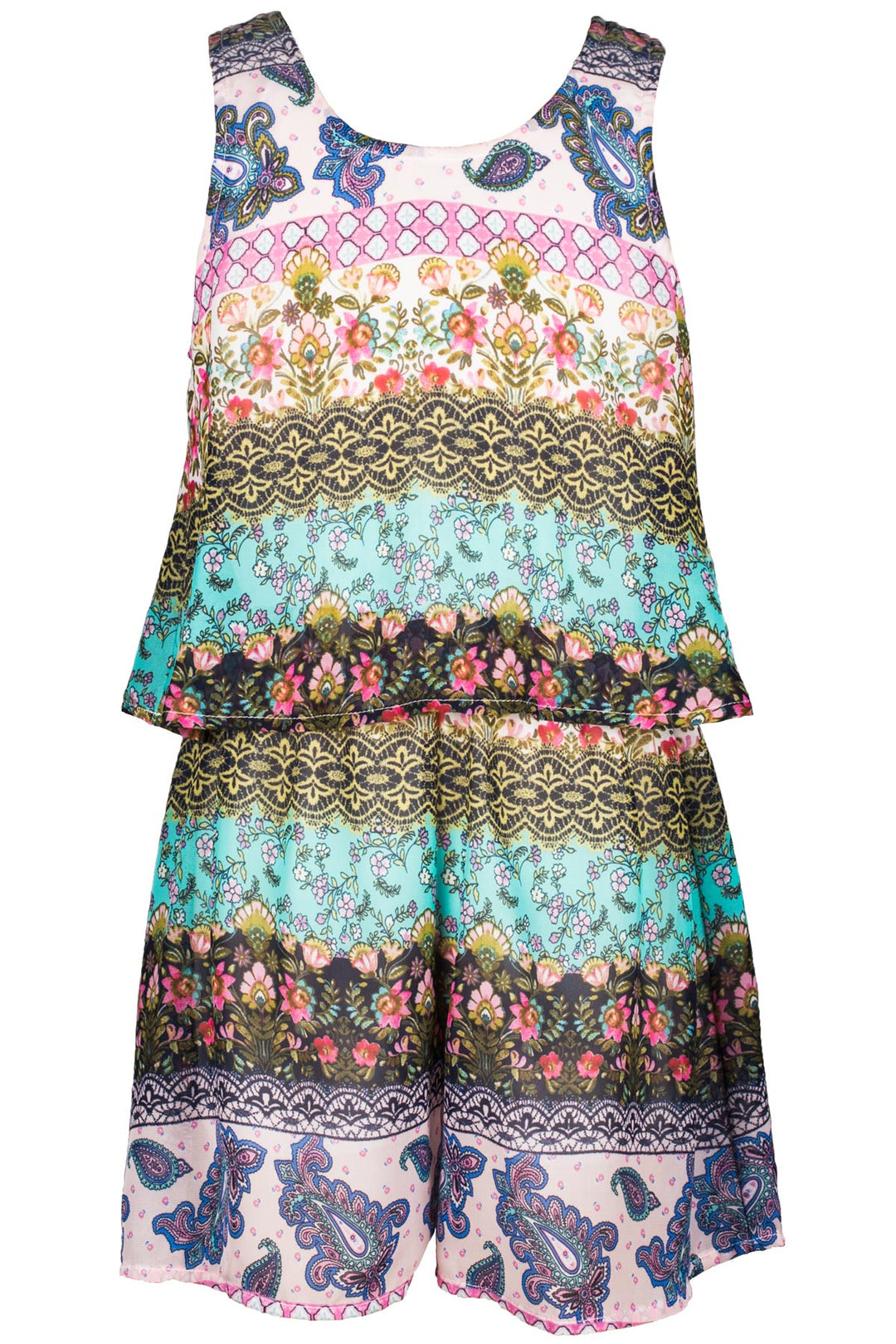 Tween Girls Boho Boarder Print Romper