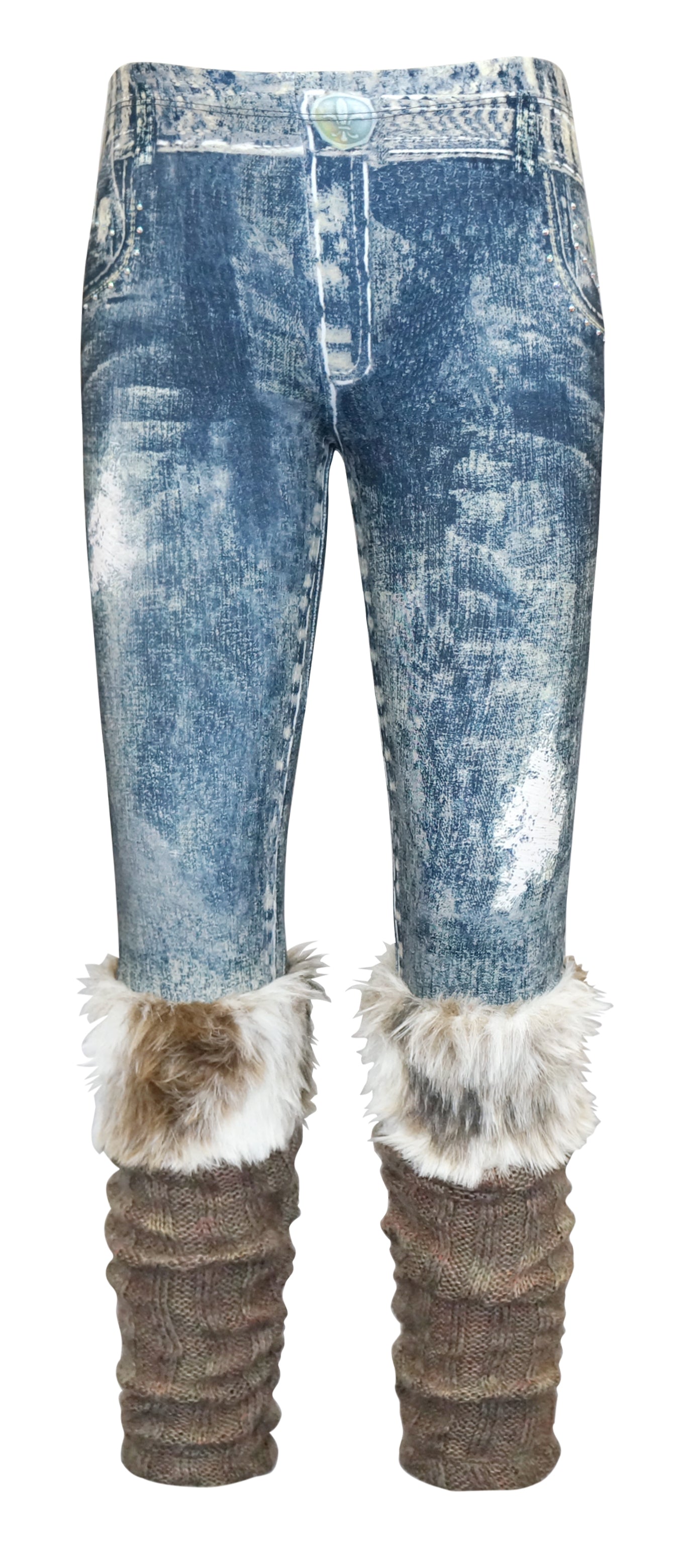 DENIM PRINT LEGGING WITH FAUX FUR CUFF