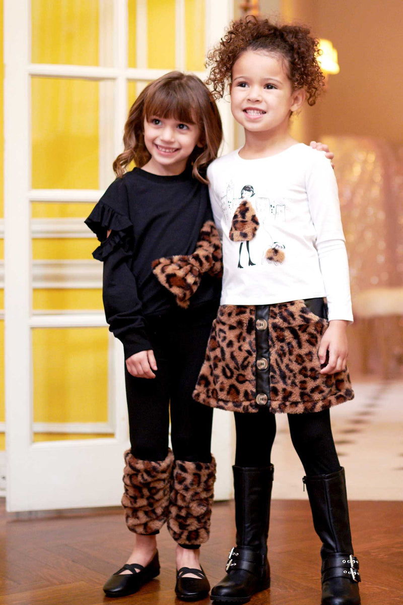 Hannah Banana Little Girls Cut Out Sleeve Sweatshirt with Leopard Fur Bow