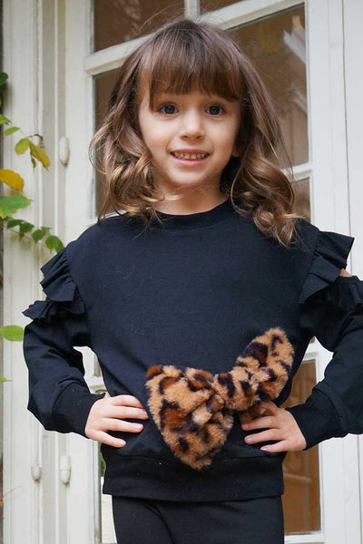Hannah Banana Little Girls Cut Out Sleeve Sweatshirt with Leopard Fur Bow