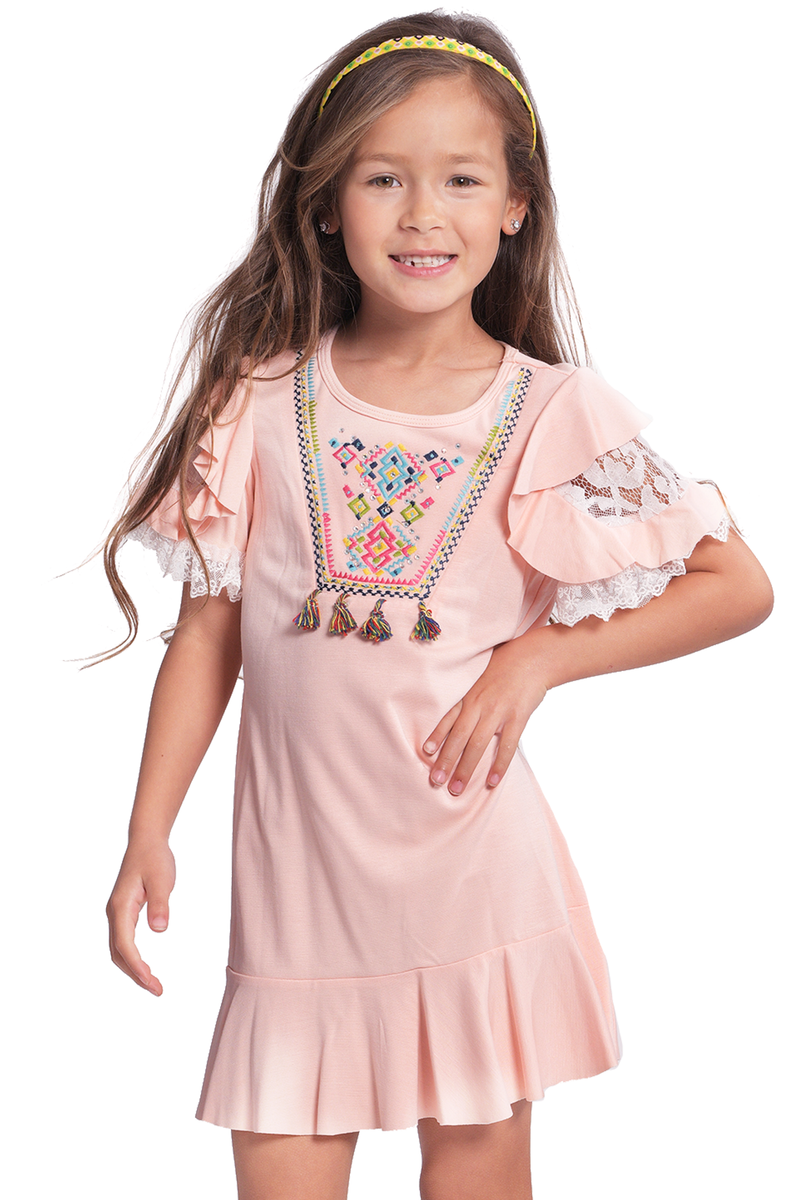 Girls Embroidered Ruffle Shift Dress