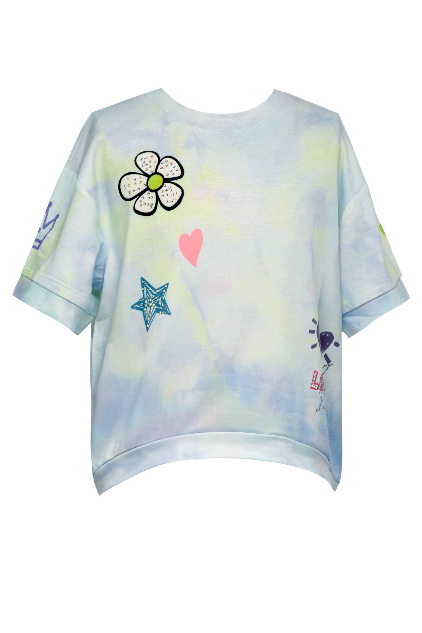 My Hannah banana Girl’s XOXO Print Short Sleeve French Terry Top.  Round Neckline Short Sleeves  Pastel Tie Dye Fun Graphic Print: Heart, Stars, Daisy, Crown, and Text Subtle Rhinestone Details For Extra Sparkle  Imported   