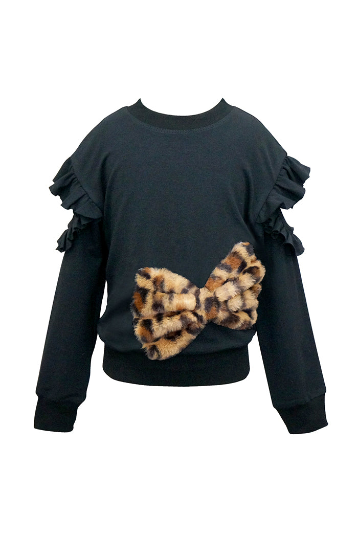 Hannah Banana Little Girls Cut Out Sleeve Sweatshirt with Leopard Fur Bow