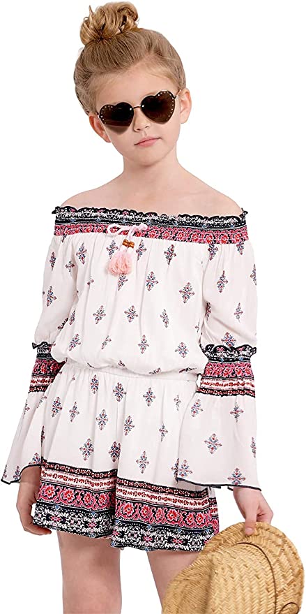 Big Girls Bohemian Boarder Print Romper  Round Smocked Elastic Neckline  Beaded Tassel Tie Detail  3/4 Sleeves With Smocked Elbow Semi Flared Sleeves  Elastic Waistline   Floral Bohemian Boarder Print Details All Over Print  Perfect Tones for All Seasons: Spring,Summer, Fall, and Winter Romper