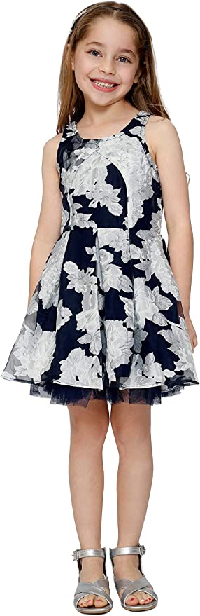 Little Girls Floral Mesh Skater Party Dress  Scoop Neckline  Sleeveless  Large Floral Print  Skater Party Dress  Mesh Peaking   Let her sparkle through the crowd in these dresses! School has started, so let these be her go-to-dresses at her school dance or best friend&