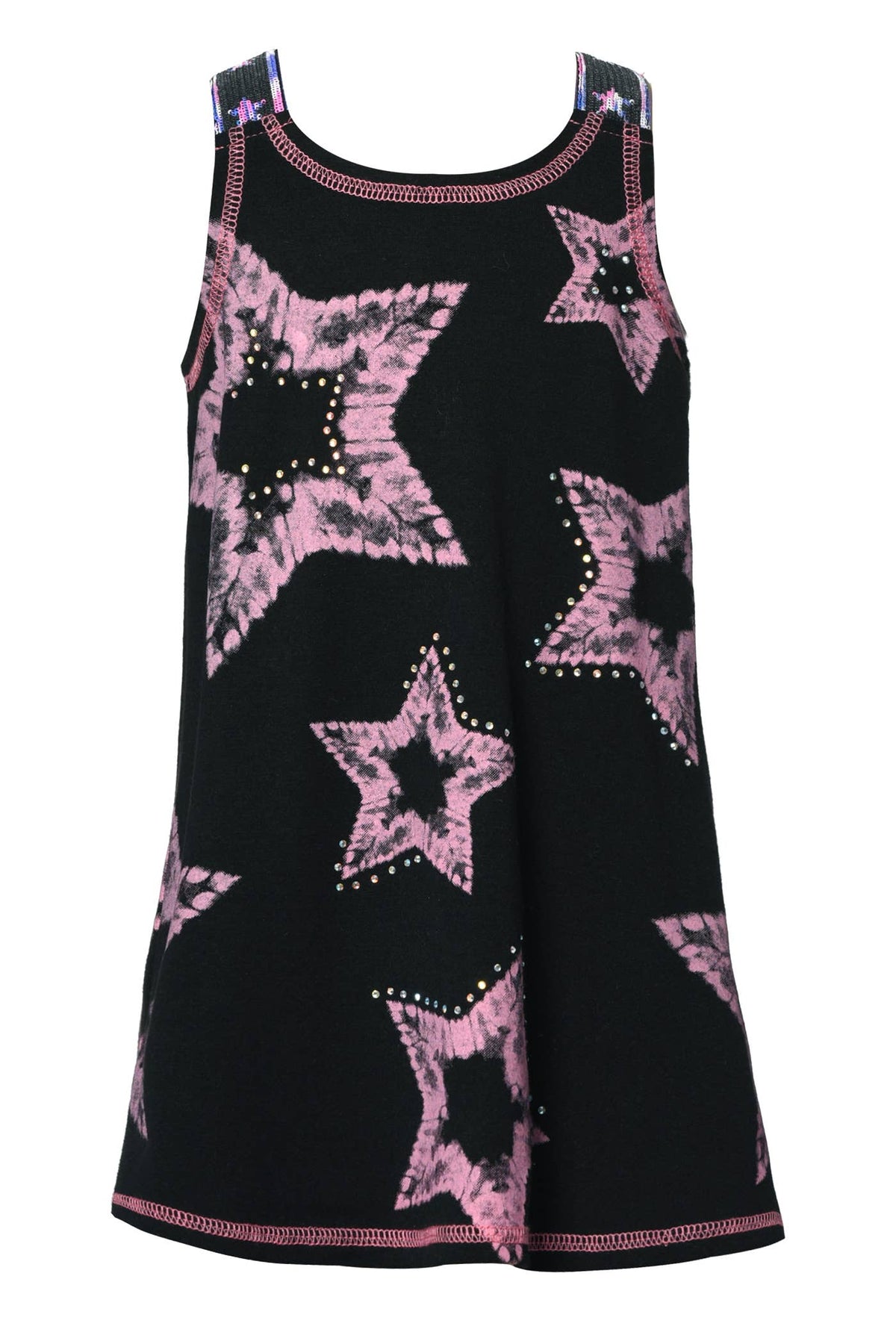 Little Girl’s Tie Dye Star A-Line Dress.  Round Neckline  Pink Contrast Exposed Stitching   A-line Body Dress  Tie Dye Star Print Rhinestone Details Summer-perfect tie dye vibrant color Right above the knee length Imported