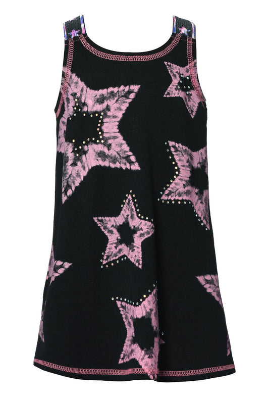 Little Girl’s Tie Dye Star A-Line Dress.  Round Neckline  Pink Contrast Exposed Stitching   A-line Body Dress  Tie Dye Star Print Rhinestone Details Summer-perfect tie dye vibrant color Right above the knee length Imported