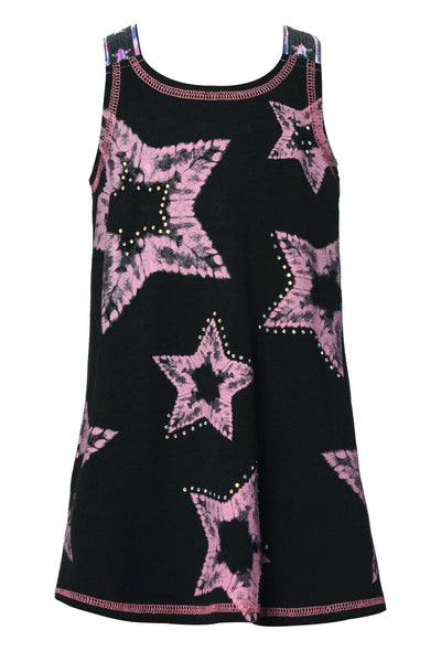 Little Girl’s Tie Dye Star A-Line Dress.  Round Neckline  Pink Contrast Exposed Stitching   A-line Body Dress  Tie Dye Star Print Rhinestone Details Summer-perfect tie dye vibrant color Right above the knee length Imported
