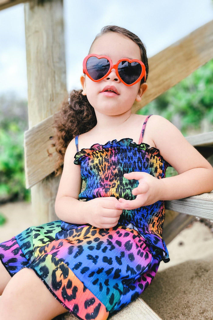 Girls Rainbow Animal Print Smocked Top Romper