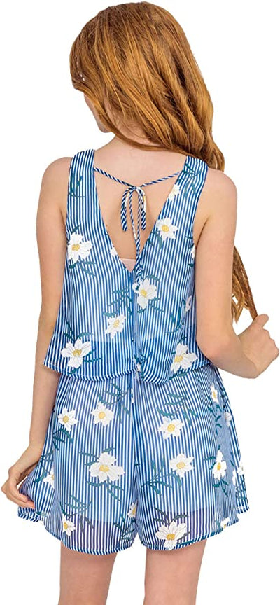 Tween Girls Stripe Floral Print Romper  Scoop Neckline  Sleeveless  Floral & Pinstripe Print   V Back Detail & Neck Tie  Truly Me designer and fashion forward little and big girls' rompers created with your little girl in mind.  All rompers designed to be on trend so she can be her best and most confident in the latest styles.  Rompers made with full attention to detail by using custom designed prints, vibrant color palettes, and charming embellishments.