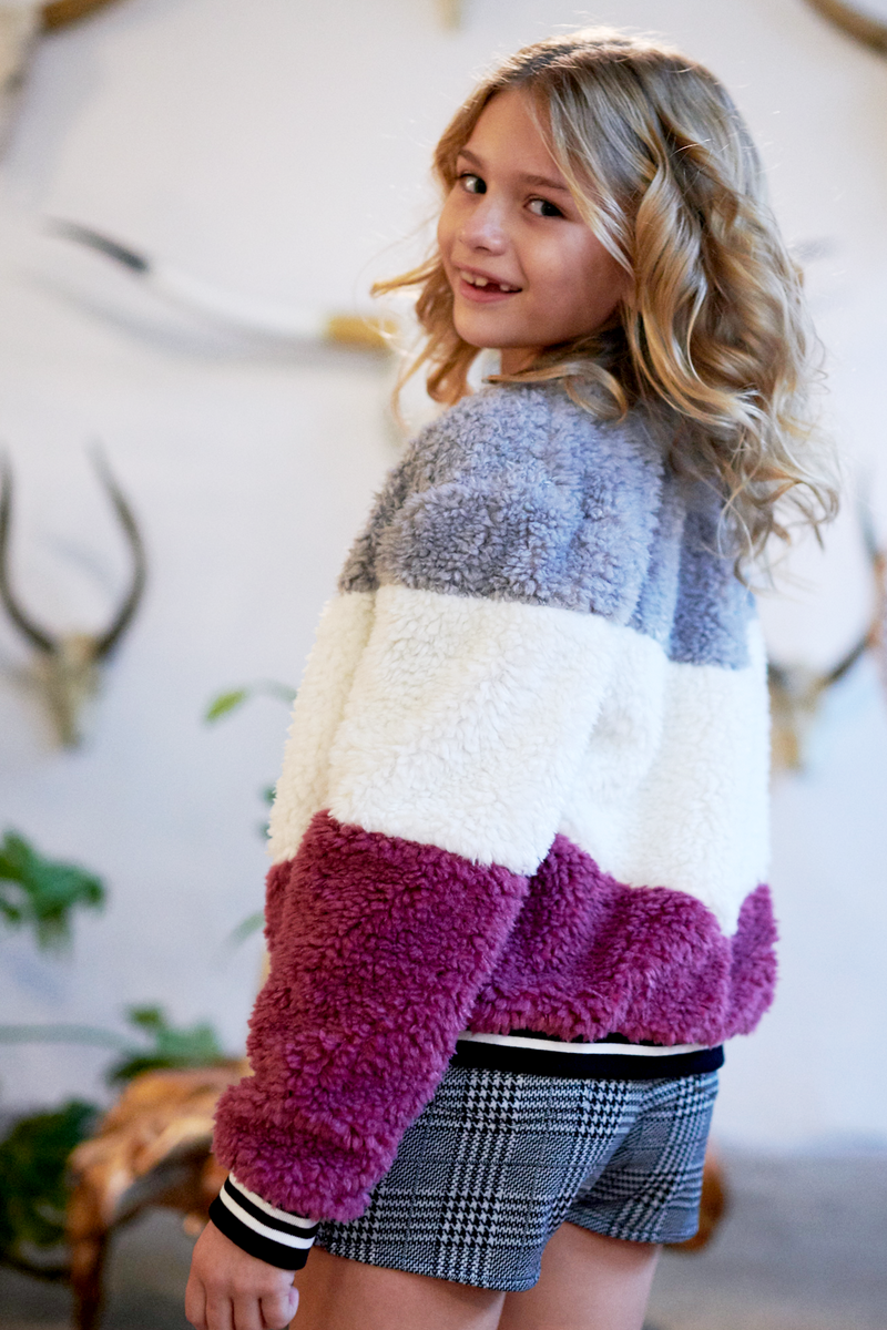 Big Girls Color Blocked Fur Bomber Jacket