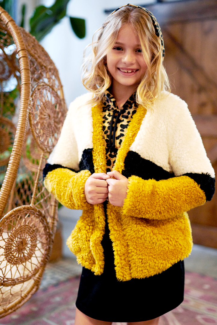 Big Girls Color Blocked Fur Cardigan Jacket