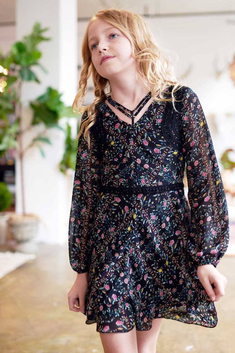 Big Girls Long Sleeve Casual Floral Chiffon Dress