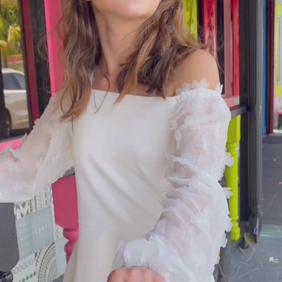 Big Girls 3D Floral Long Sleeve Skater Dress Wear two way style: on and off the shoulder neckline Elegant long sleeves made with floral embellished novelty fabric Flattering fit and flare silhouette High quality white scuba knit fabric Exposed back zipper Imported