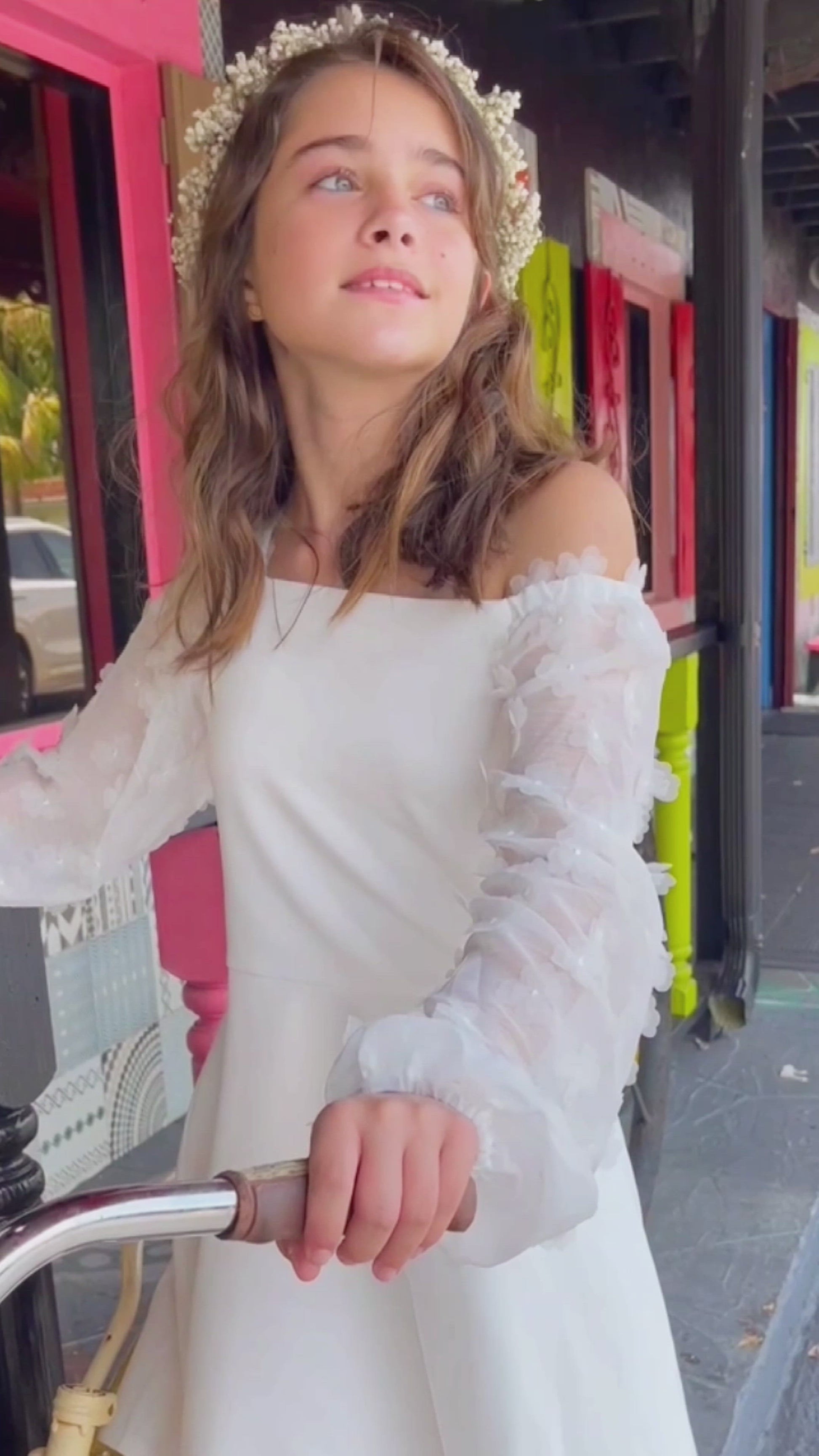 Big Girls 3D Floral Long Sleeve Skater Dress Wear two way style: on and off the shoulder neckline Elegant long sleeves made with floral embellished novelty fabric Flattering fit and flare silhouette High quality white scuba knit fabric Exposed back zipper Imported