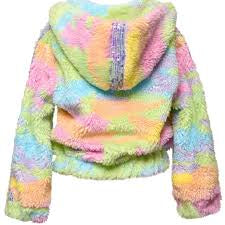 Girls Rainbow Sherbet Sherpa Hoodie Jacket  Fun & Stylish Rainbow Sherbet Colors  Zip Up Closure  Ultra Soft Hoodie  Iridescent Sequin Trim Running Down Side  Long Sleeves