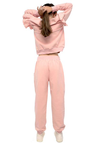 Hannah Banana Girl's Athleisure Pearl & Ruffled Shoulder Crewneck Sweatshirt Luxury Kids Fashion