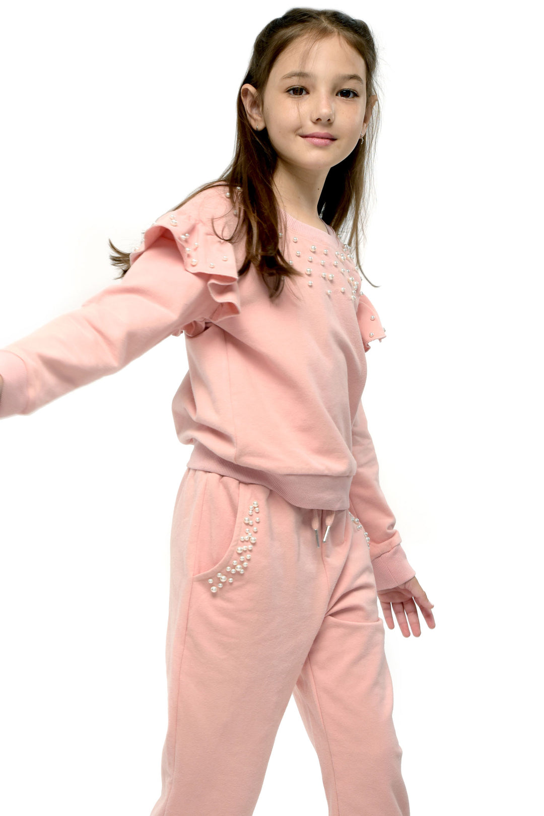 Hannah Banana Girl's Athleisure Pearl & Ruffled Shoulder Crewneck Sweatshirt Luxury Kids Fashion