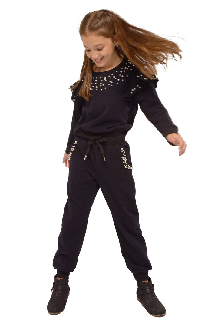 Hannah Banana Girl's Athleisure Pearl & Ruffled Shoulder Crewneck Sweatshirt Luxury Kids Fashion