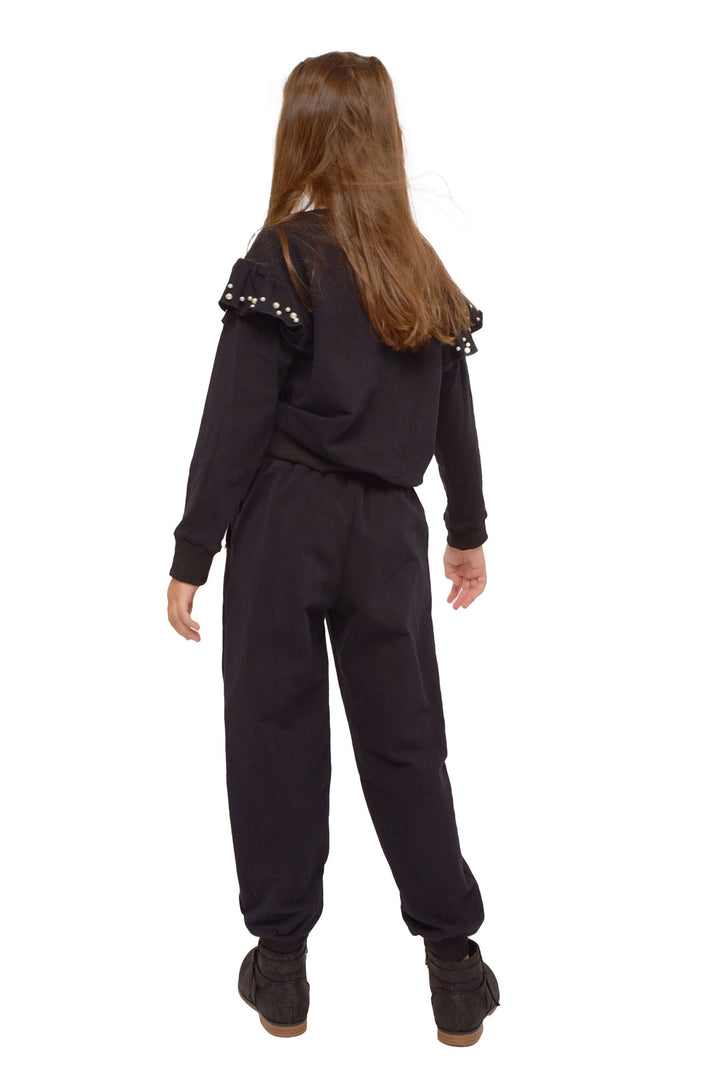 Hannah Banana Girl's Athleisure Pearl & Ruffled Shoulder Crewneck Sweatshirt Luxury Kids Fashion