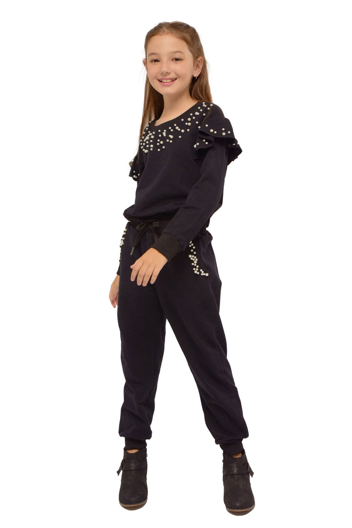 Hannah Banana Girl's Athleisure Pearl & Ruffled Shoulder Crewneck Sweatshirt Luxury Kids Fashion