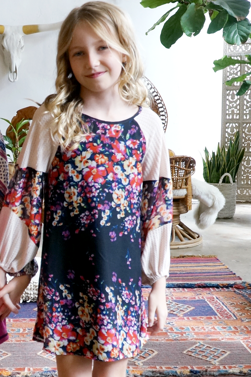 Big Girls Casual Raglan Long Sleeve Floral Dress