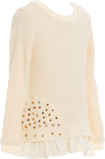 Little Girl’s Thin Knit Gold Stud Ruffle Pullover  Round Neckline   Long Sleeves   Thin Knit Material   Faux Layered Ruffle Hem Look  Gold Embellishments on Side  SELF: 88% Acrylic / 12% Lurex, CONTRAST: 100% Polyester, LINING: 100% Polyester  Made in high quality sweater knit fabrication with gold metallic thread.