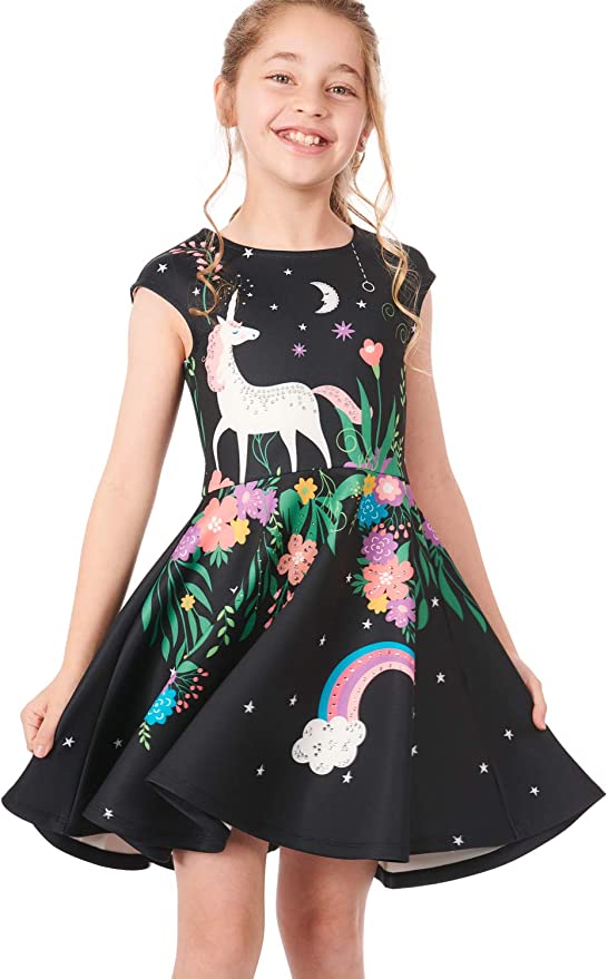 Round Neckline Short Cap Sleeve Fun Artsy Unicorn Shooting Star Rainbow Floral Print Back Exposed Zipper Above Knee Length Skater Dress SELF: 95% Polyester / 5% Spandex Sleeveless skater dress in high quality scuba. One-of-a-kind artwork with unicorn, space, and flowers done with sublimation printing.