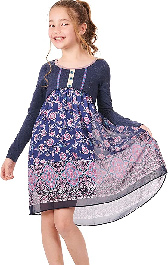 Truly Me Big Girls Bohemian Boarder Floral Print Dress  Scoop Round Neckline W/ Contrast Trim  Floral Detailed Trim & 3 Button Detail  Dusty Navy Heather Like Upper Half  Long Sleeves  Lettuce Ruffle Empire Waist   Bohemian Boarder Floral Print   Beautiful Colors Ranging from Pinks, Neutrals, and Blues  Semi High-Low Above Knee Length   Lined Skirt  100% Polyester  Imported